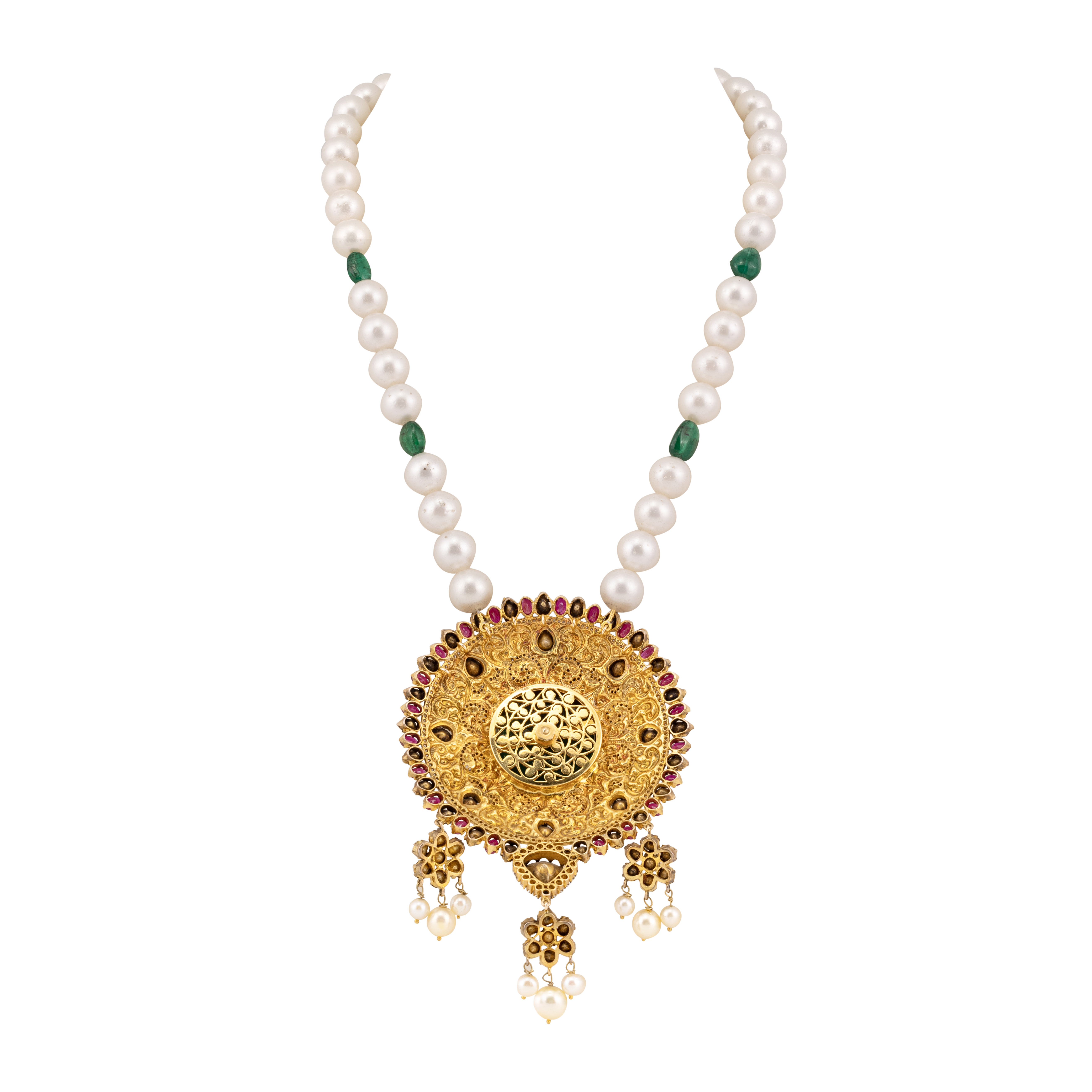 Carved Emerald Pendant Necklace with Rubies and South Sea Pearls